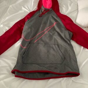 Nike Gray and Red Hooded Jacket with Swoosh Logo
